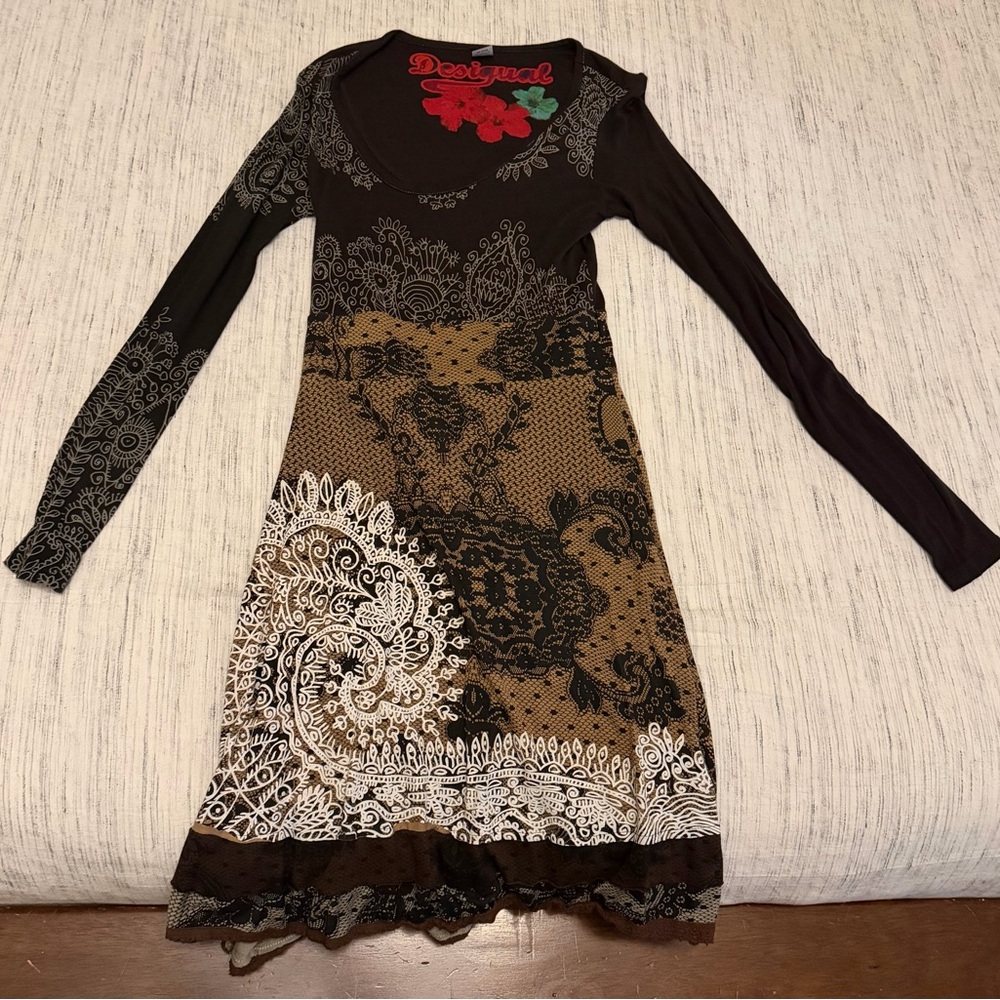 Desigual Black and Brown Long Sleeve Dress